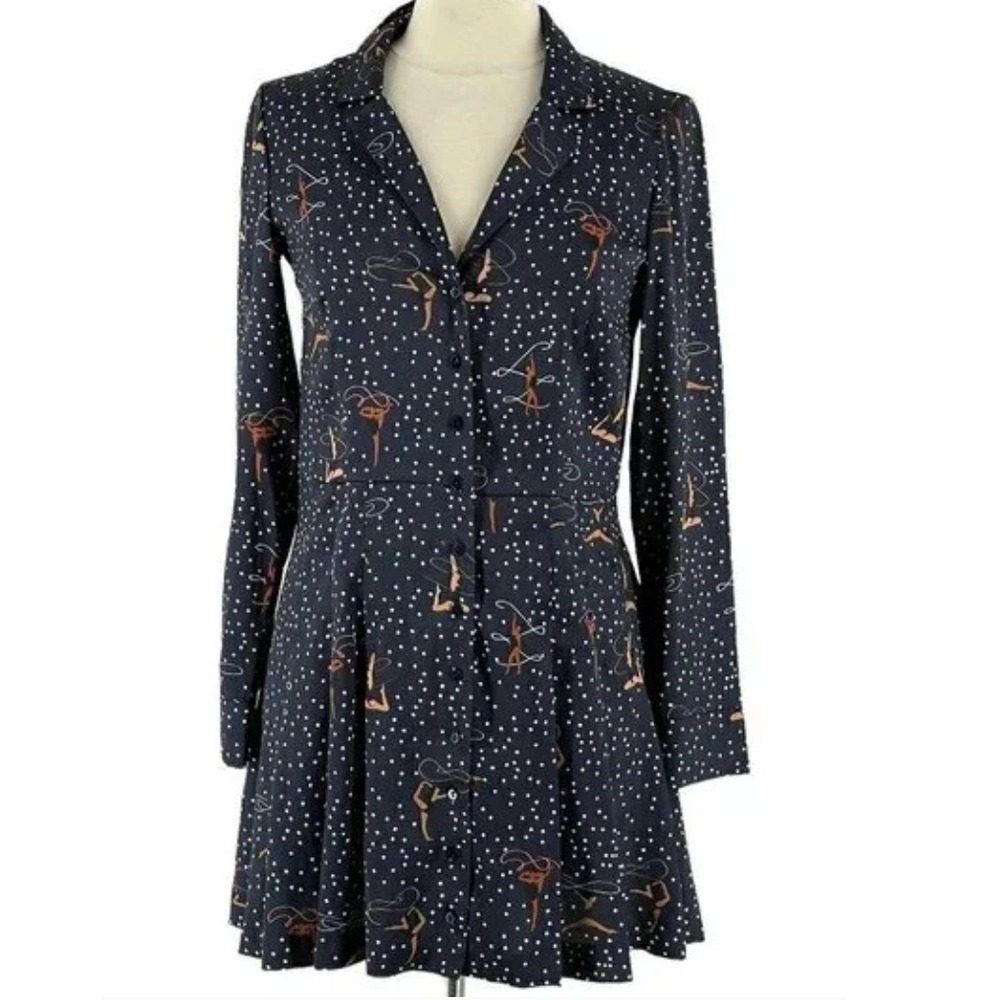 ZARA Gymnast Dancer Streamer Print‎ Button Down Shirt Dress Navy Dark Blue Small